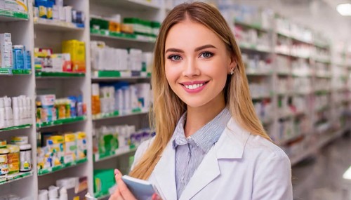 AI generated, A young pharmacist in her pharmacy, portrait, 30, 35, years, female, blonde, blond,