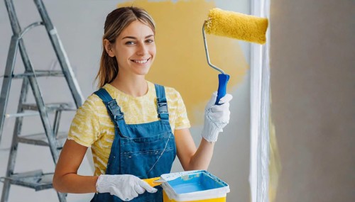 AI generated, woman, woman, a young woman paints a wall with new paint, yellow, yellow, yellowing,