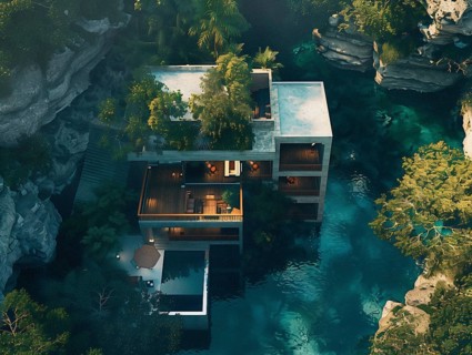 Aerial view of a luxury villa perched on a tropical cliffside with a pool overlooking the ocean,