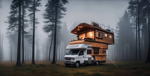 Camper van wooden motorhome, creative high-tech motorhome two-level in nature. Outdoor recreation,