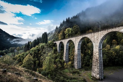 Railway bridge in the Ravenna Gorge, Hoellental in autumn, near Freiburg im Breisgau, Black Forest,