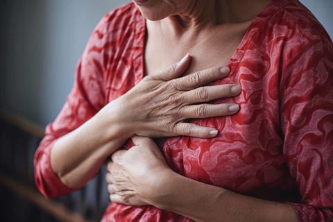 Middle aged woman clutching chest with hands. Heartache or heart attack concept. KI generiert,