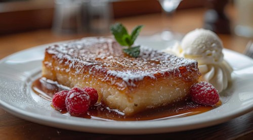 Slice of bread pudding with raspberry, vanilla ice cream, and mint, drizzled with syrup, ai