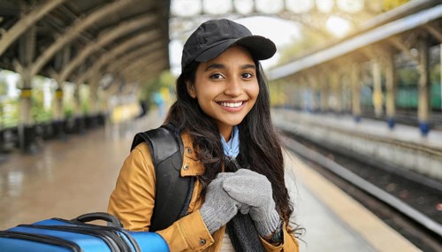 AI generated, A young blonde woman wants to travel and waits for the train at the station, 20, 25,