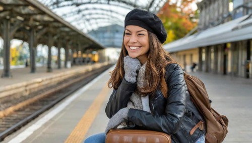 AI generated, A young blonde woman wants to travel and waits for the train at the station, 20, 25,