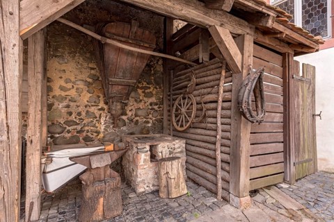 Blacksmith's forge, blacksmith, inner courtyard, Ronneburg Castle, medieval knight's castle,