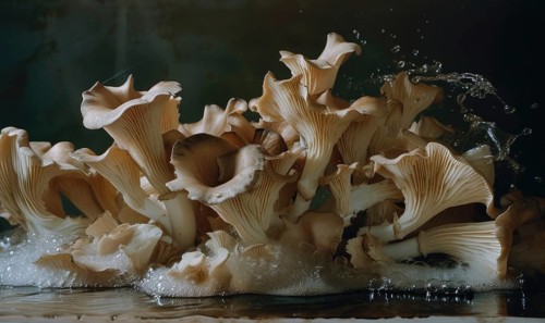 Oyster mushrooms on a dark background. Shallow depth of field. AI generated