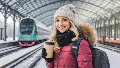 AI generated, A young blonde woman wants to travel and waits for the train at the station, 20, 25,