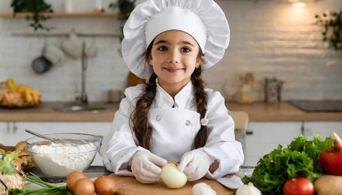 AI generated, human, humans, person, persons, child, children, 8 year old girl cutting onions in a