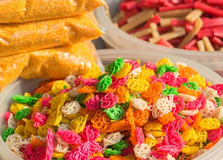 Chinese and Asian food on the market, rice, chips, noodles, sweets