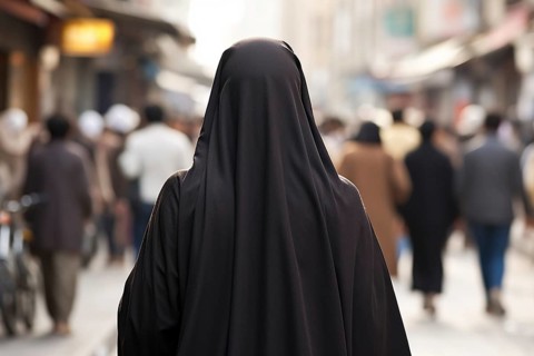 Back view of woman covered with black Muslim Niqab face veil in city street with people. KI