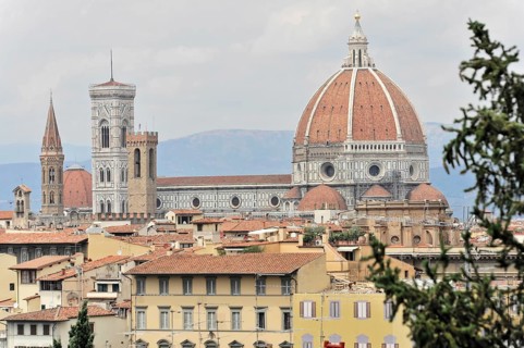 City panorama with Santa Maria del Fiore Cathedral, view from Monte alle Croci, Florence, Tuscany,