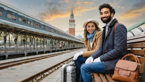 AI generated, A young couple wants to travel and is waiting for the train at the station, 20, 25,