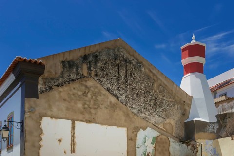 Old house facade with tower, village, mediterranean, facade, demolition, renovation, Monchique,