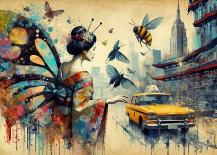Colorful artwork blending a traditional kimono-clad woman with urban elements and whimsical