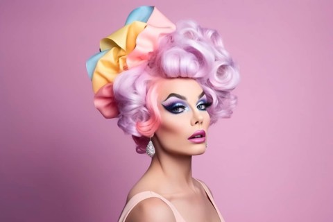 Portrait of drag queen with colorful hair on pastel pink background. KI generiert, generiert AI