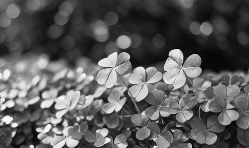 Clover leaves in black and white with bokeh background. AI generated