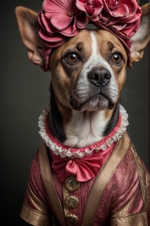 Dog adorned with flowers and dressed in vintage attire, full of character, over grey solid studio