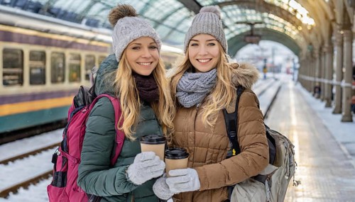 AI generated, Two young blonde woman want to travel and wait in the station for the train, 20, 25,