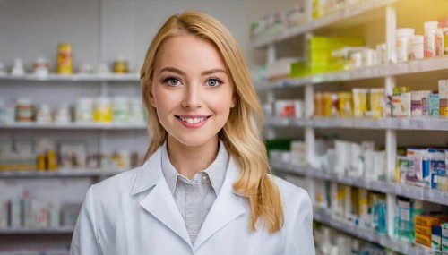 AI generated, A young pharmacist in her pharmacy, portrait, 30, 35, years, female, blonde, blond,