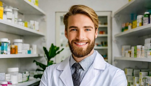 AI generated, A young pharmacist in his pharmacy, portrait, 30, 35, years, man, men, male, bearded,