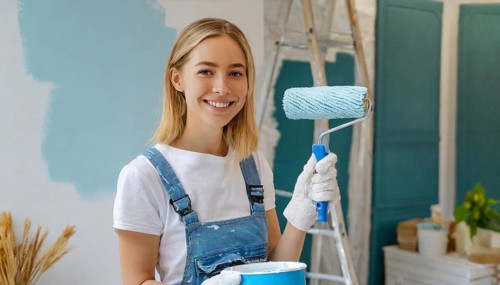 AI generated, woman, woman, a young girl paints a wall with new colour, blue, blue, blue door,