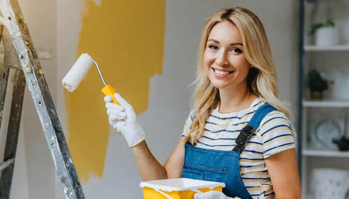 AI generated, woman, woman, a young girl paints a wall with new paint, white, white, renovation of