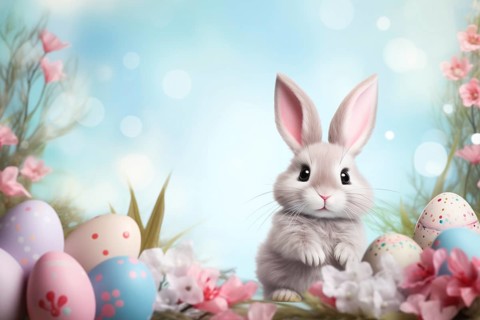 Cute Easter bunny sits beside colorful, decorated eggs amidst a vibrant green field under the