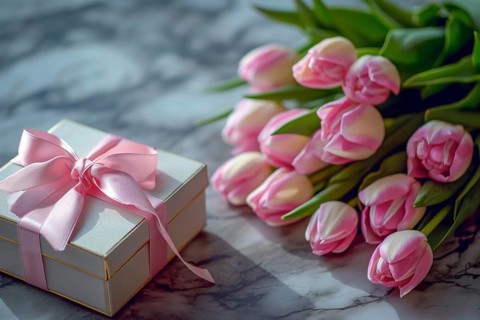 Gift Box with Pink Ribbon Beside bouquet of Fresh Tulips. Background for Valentine day, March 8,