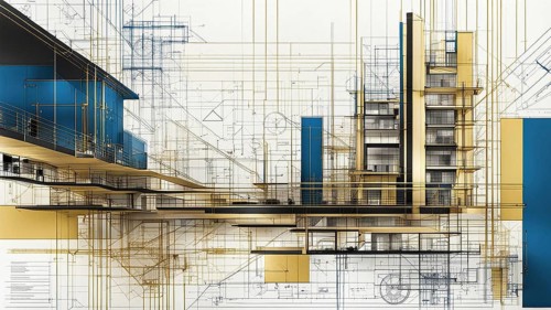 Architectural sketch of a modern building, highlighted with blue and gold colors, horizontal aspect