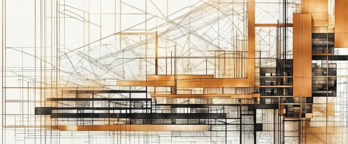 A linear architectural blueprint with an overlay of a modern design in sepia tones, horizontal