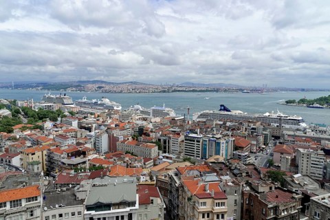 View of the cruise ship harbour from the Galata Tower, Istanbul Modern, Istanbul, European part,