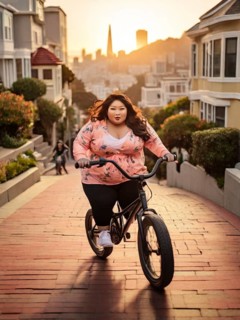 Curvy asian young Woman in a floral shirt riding a BMX bike in the city with a sunset illuminating