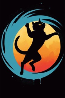 Silhouette of a cat against a stylized moon and night sky, with warm colors, minimalist vintage