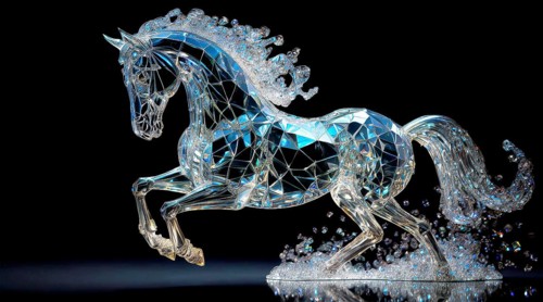 Jumping horse, animal sculpture made of bluish shimmering crystal glass, AI generated, AI generated