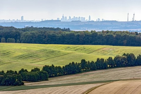 View of Frankfurt am Main, skyline of skyscrapers, fields, forest, Ronneburger Huegelland,
