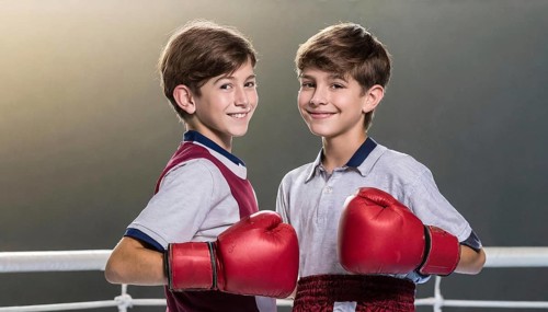 AI generated, boy, boys, 8, 10, years, Thai, sport, boxing, gloves, Thai boxing, Muay Thai, two