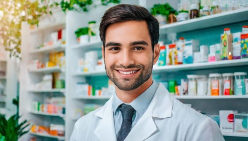 AI generated, A young pharmacist in his pharmacy, portrait, 30, 35, years, man, men, male, bearded,
