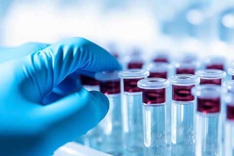 Hand with blue medical glove reaching vor vials in scientific research lab. KI generiert, generiert
