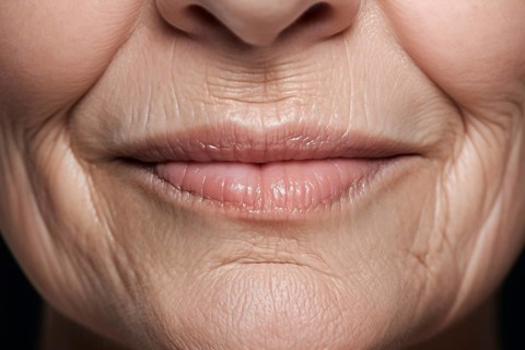 Wrinkles around mouth of very mature or elderly woman. KI generiert, generiert AI generated