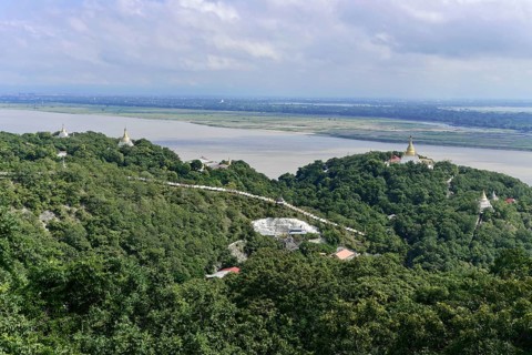 View of the Irrawaddy River with pagodas, Mandalay Division, Myanmar, Asia