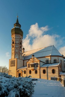 Andechs Monastery in winter, sunset, Fuenfseenland, Pfaffenwinkel, Upper Bavaria, Bavaria, Germany,