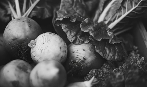 Black and white photo of fresh organic vegetables, close-up AI generated