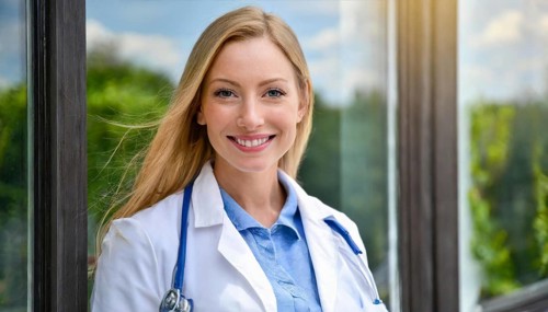 AI generated, A young pharmacist in her pharmacy, portrait, 30, 35, years, female, blonde, blond,