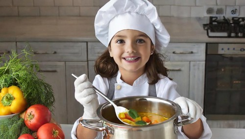 AI generated, human, humans, person, persons, child, children, 8 year old girl cooking a vegetable