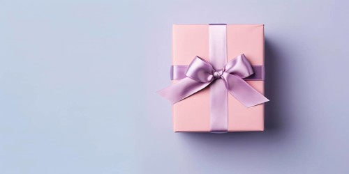 Top view of pink gift box with violet silk ribbon. KI generiert, generiert AI generated