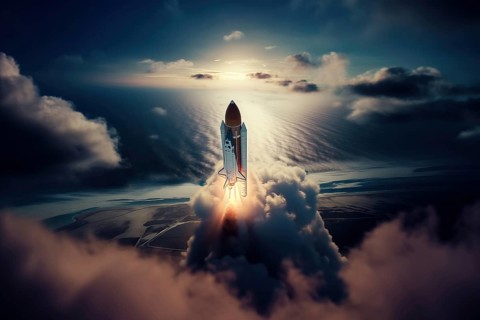 Aerial view of a rocket shuttle carrier launch at sunrise over an ocean coast. The rocket is