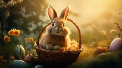 Cute Easter bunny sits beside a basket filled with colorful, decorated eggs amidst a vibrant green
