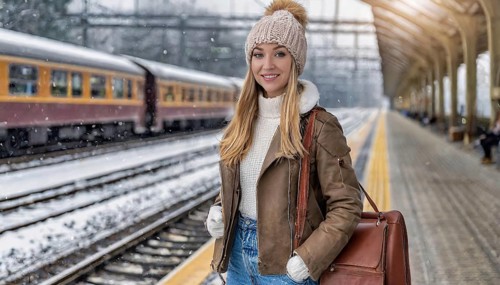 AI generated, A young blonde woman wants to travel and waits for the train at the station, 20, 25,