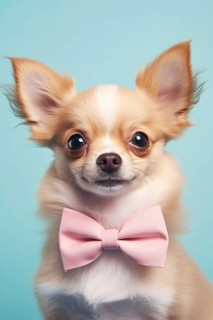 Cute cream colored Chihuahua dog with pink bow tie on blue background. KI generiert, generiert AI